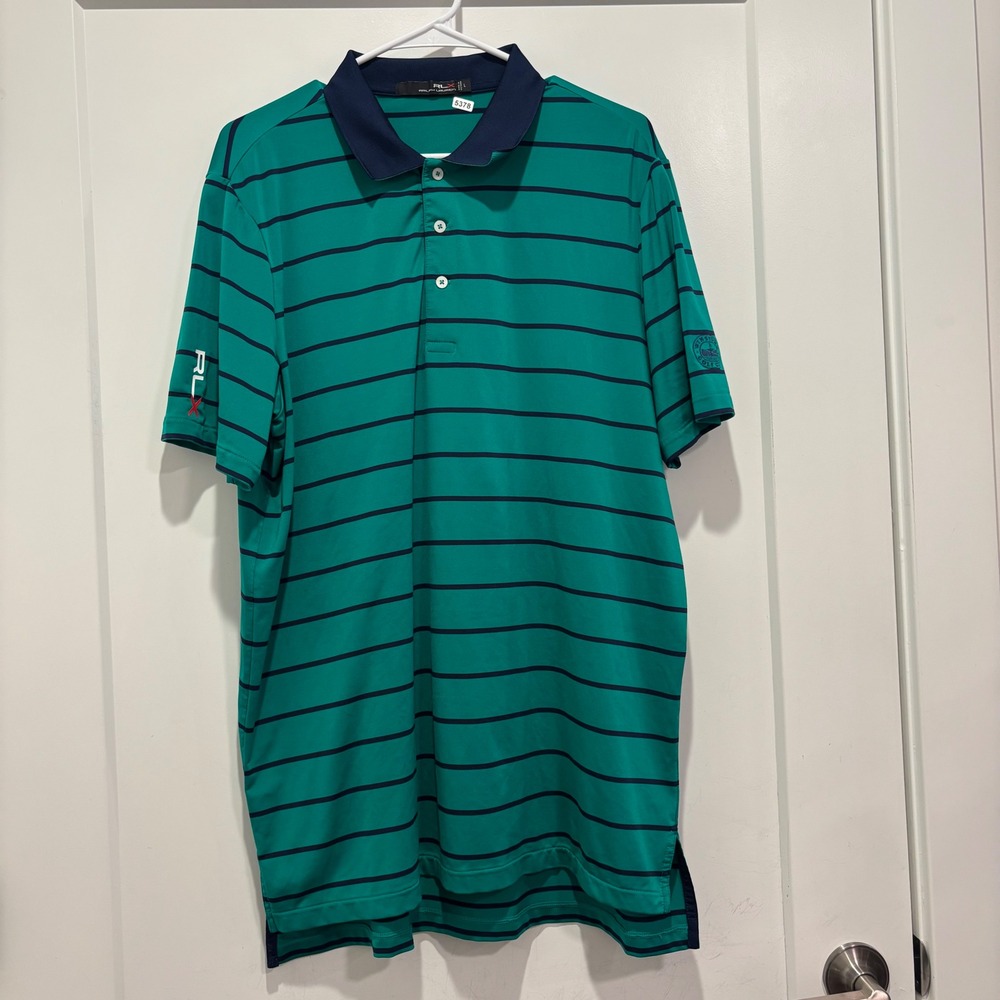 RLX Ralph Lauren Mens Large Green Striped Winstone Golf Club Polo Shirt